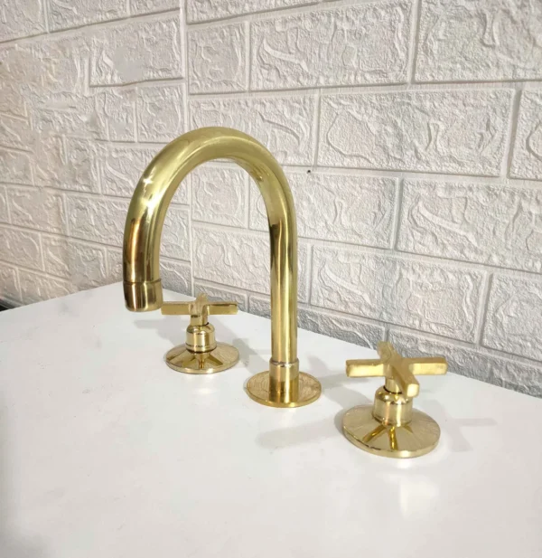 UNLACQUERED BRASS FAUCET, DECK MOUNT BATHROOM FAUCET WITH CROSS OR FLAT HANDLES