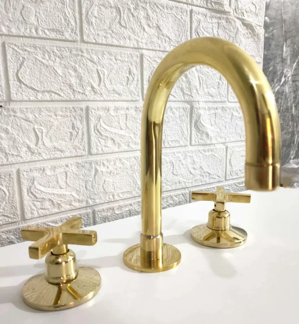 UNLACQUERED BRASS FAUCET, DECK MOUNT BATHROOM FAUCET WITH CROSS OR FLAT HANDLES - Image 2