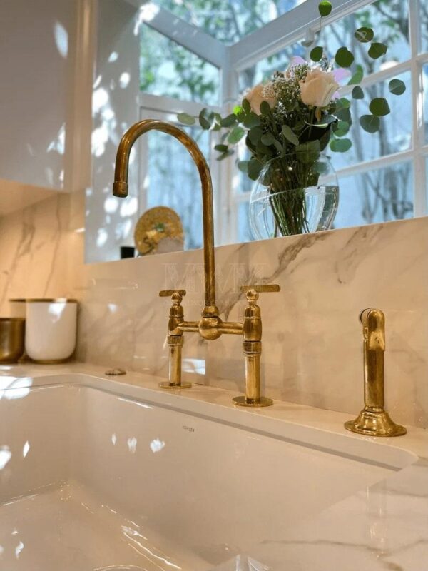 Unlacquered Brass Kitchen Bridge Faucet With Sprayer.