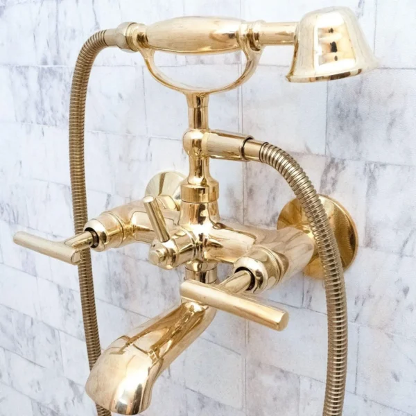 Unlacquered Brass Wall Mount bathtub Filler, roman tub faucet  with solid diverter & hand shower - Image 6