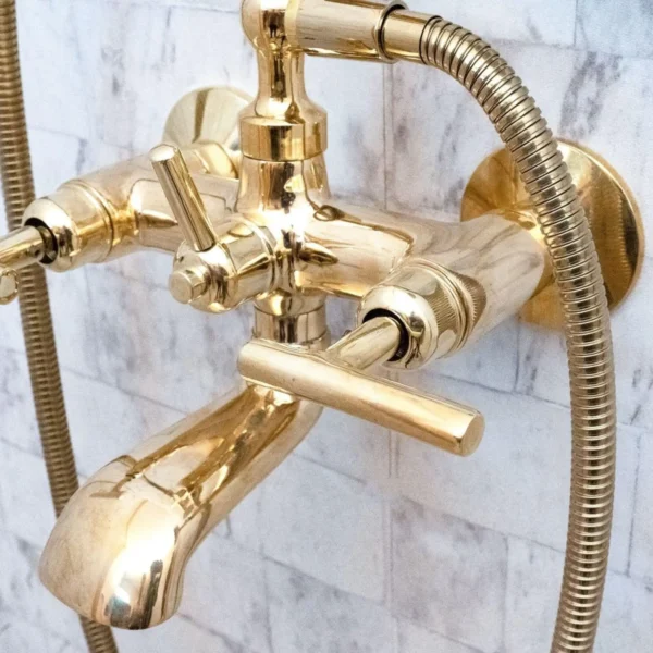 Unlacquered Brass Wall Mount bathtub Filler, roman tub faucet  with solid diverter & hand shower - Image 4