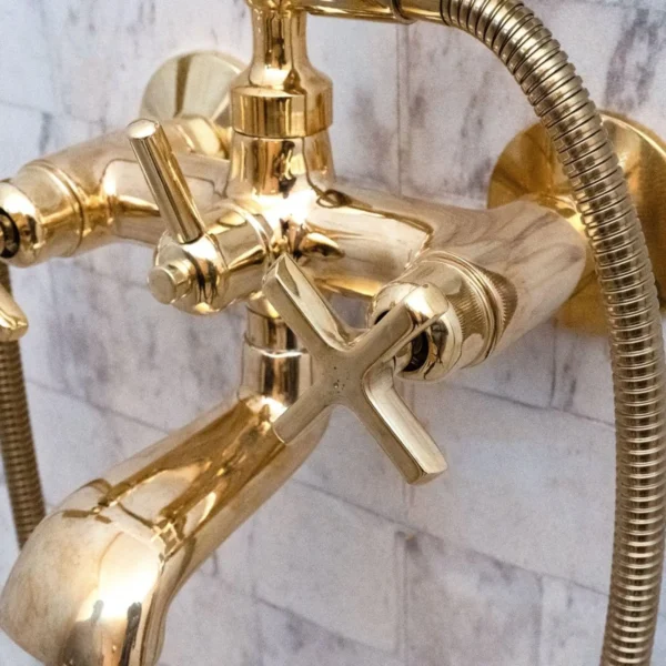 Unlacquered Brass Wall Mount bathtub Filler, roman tub faucet  with solid diverter & hand shower - Image 5