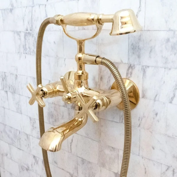 Unlacquered Brass Wall Mount bathtub Filler, roman tub faucet  with solid diverter & hand shower - Image 7