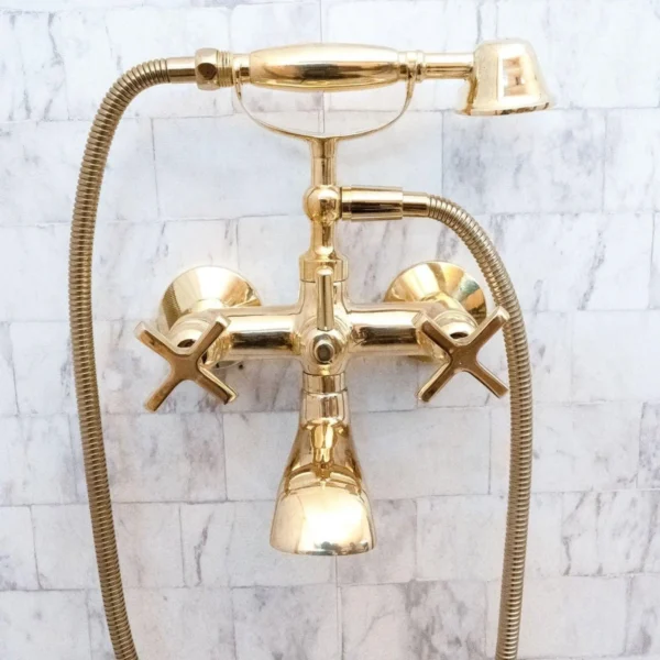 Unlacquered Brass Wall Mount bathtub Filler, roman tub faucet  with solid diverter & hand shower - Image 8