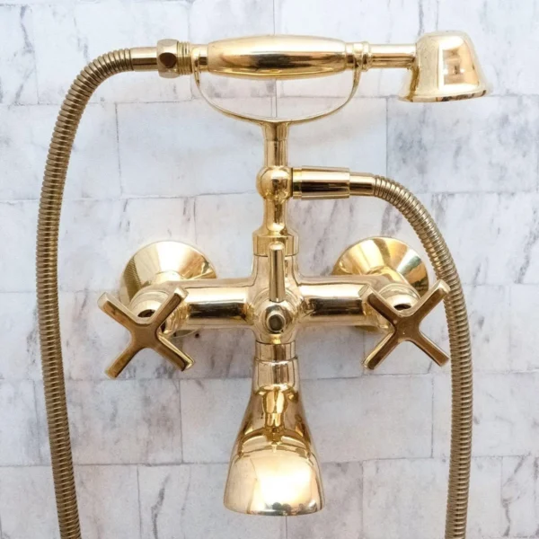 Unlacquered Brass Wall Mount bathtub Filler, roman tub faucet  with solid diverter & hand shower - Image 3