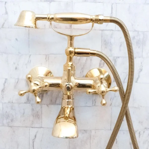 Unlacquered Brass Wall Mount bathtub Filler, roman tub faucet  with solid diverter & hand shower - Image 2