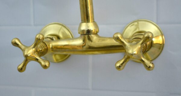 Wall Mounted Kitchen Faucet, Unlacquered Brass With Simple Handles  Wall Mounted Kitchen Faucet, Unlacquered Brass With Simple Handles - Image 3
