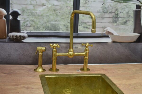 Unlacquered Brass Bridge Kitchen Faucet with Ball Center and Lever Handles