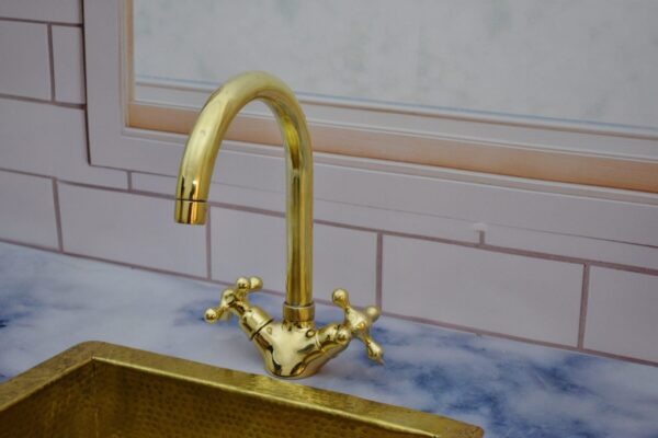 Gooseneck Bathroom Faucet – Unlacquered Brass with Simple Cross Handles - Image 2