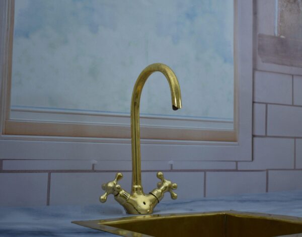 Gooseneck Bathroom Vanity Solid Brass Faucet, Unlacquered Brass with Simple Cross Handles