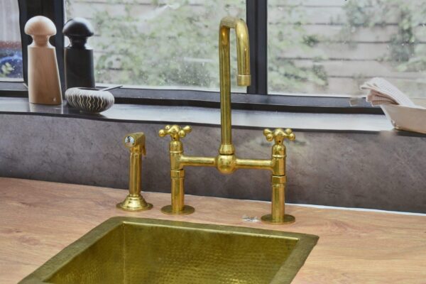 Unlacquered Brass Bridge Kitchen Faucet with Ball Center and Lever Handles - Image 8