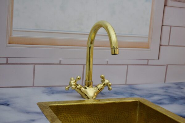 Gooseneck Bathroom Faucet – Unlacquered Brass with Simple Cross Handles