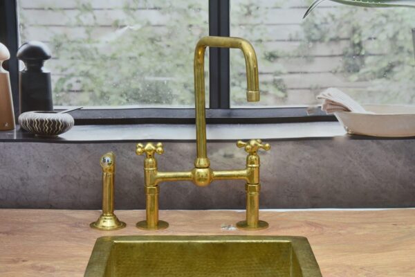 Unlacquered Brass Bridge Kitchen Faucet with Ball Center and Lever Handles - Image 7