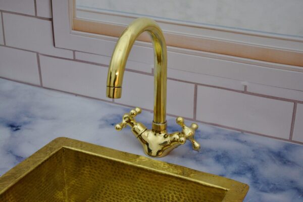 Gooseneck Bathroom Faucet – Unlacquered Brass with Simple Cross Handles - Image 7