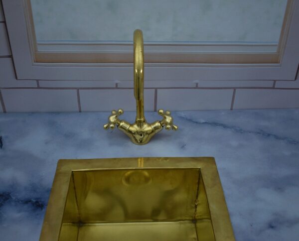 Gooseneck Bathroom Vanity Solid Brass Faucet, Unlacquered Brass with Simple Cross Handles - Image 3