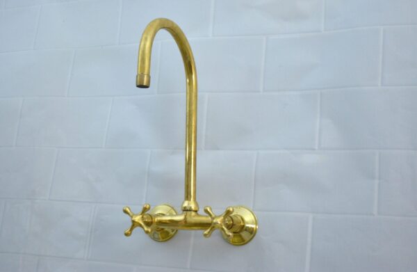 Wall Mounted Kitchen Faucet, Unlacquered Brass With Simple Handles  Wall Mounted Kitchen Faucet, Unlacquered Brass With Simple Handles