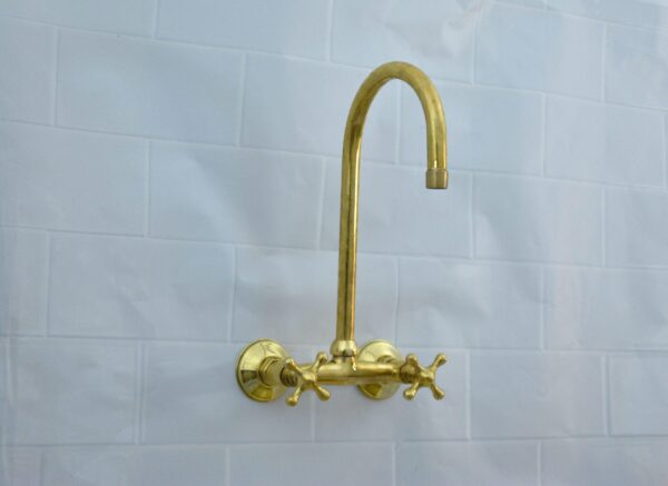 Wall Mounted Kitchen Faucet, Unlacquered Brass With Simple Handles  Wall Mounted Kitchen Faucet, Unlacquered Brass With Simple Handles - Image 8