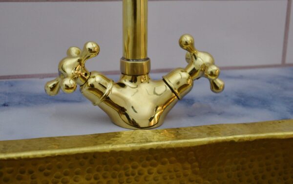 Gooseneck Bathroom Faucet – Unlacquered Brass with Simple Cross Handles - Image 6