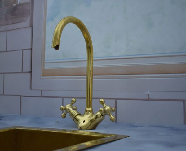 Gooseneck Bathroom Vanity Solid Brass Faucet, Unlacquered Brass with Simple Cross Handles - Image 2