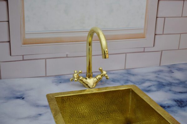 Gooseneck Bathroom Faucet – Unlacquered Brass with Simple Cross Handles - Image 5