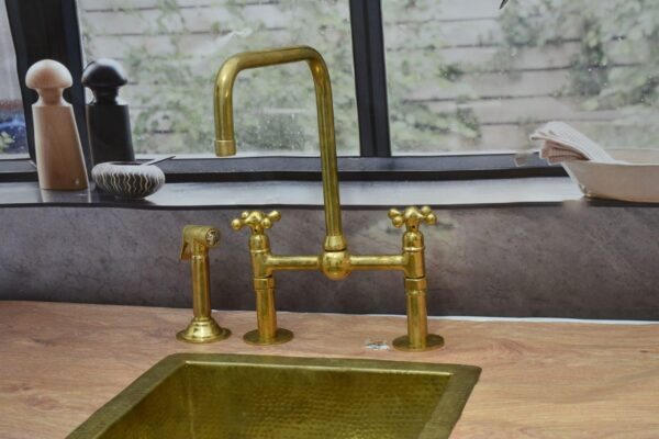 Unlacquered Brass Bridge Kitchen Faucet with Ball Center and Lever Handles - Image 5