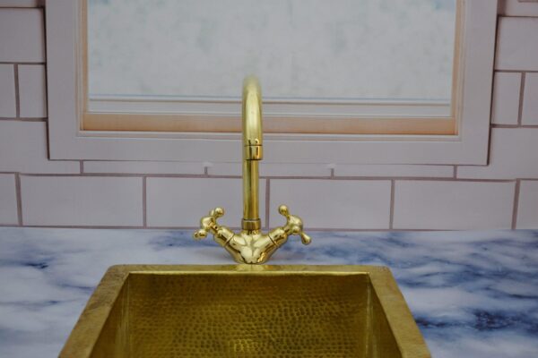 Gooseneck Bathroom Faucet – Unlacquered Brass with Simple Cross Handles - Image 4