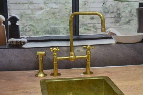 Unlacquered Brass Bridge Kitchen Faucet with Ball Center and Lever Handles - Image 3