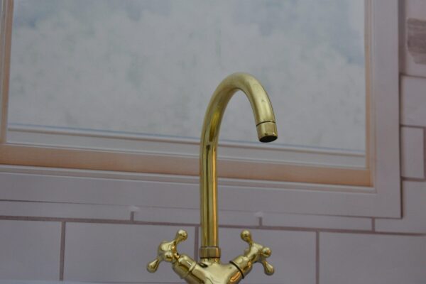 Gooseneck Bathroom Faucet – Unlacquered Brass with Simple Cross Handles - Image 3