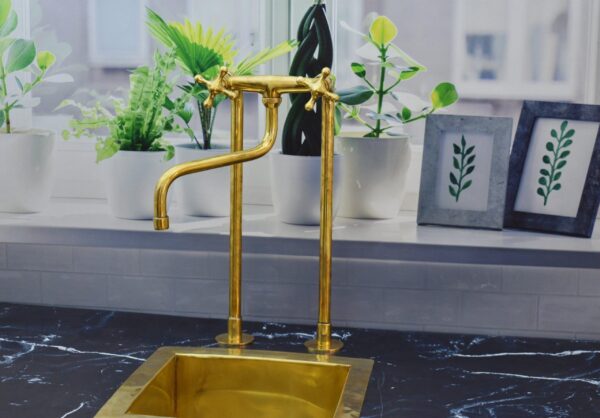 Solid Brass Antique Kitchen Faucet with Simple Cross Handles - Image 5