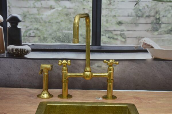 Unlacquered Brass Bridge Kitchen Faucet with Ball Center and Lever Handles - Image 4