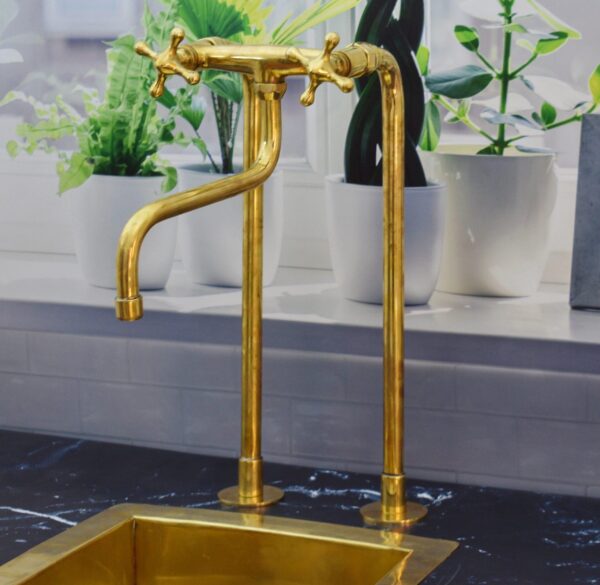 Solid Brass Antique Kitchen Faucet with Simple Cross Handles - Image 2