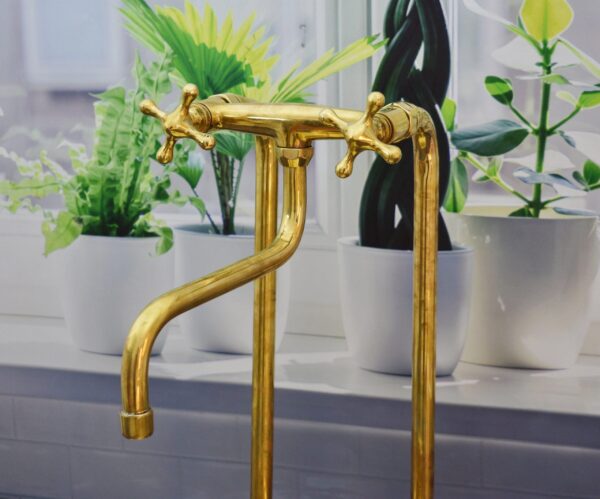 Solid Brass Antique Kitchen Faucet with Simple Cross Handles - Image 4