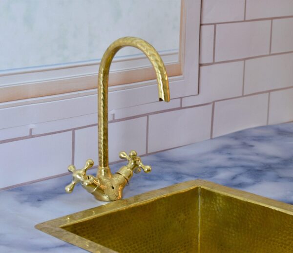 Bathroom Vanity Solid Brass Faucet, Unlacquered Brass with Simple Cross Handles - Image 2